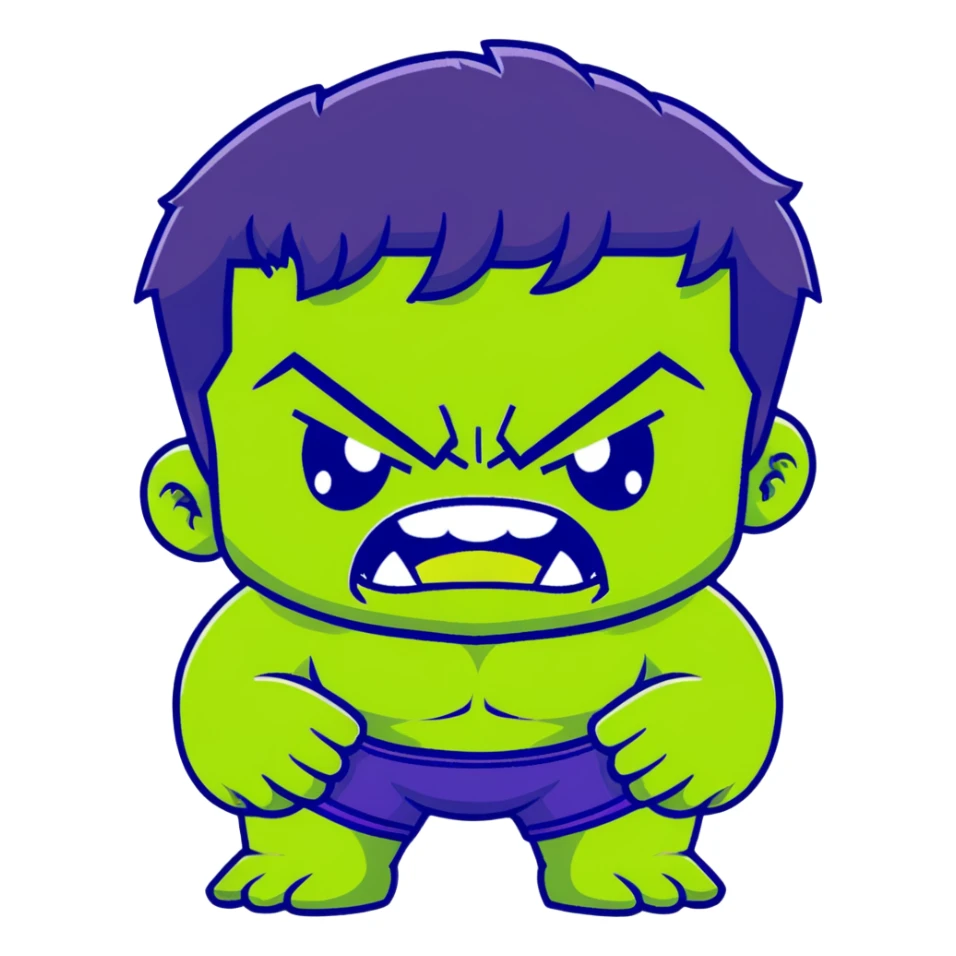 Chibi Hulk, cute small proportions, big head, tiny body, adorable angry expression, green skin, purple shorts sticker
