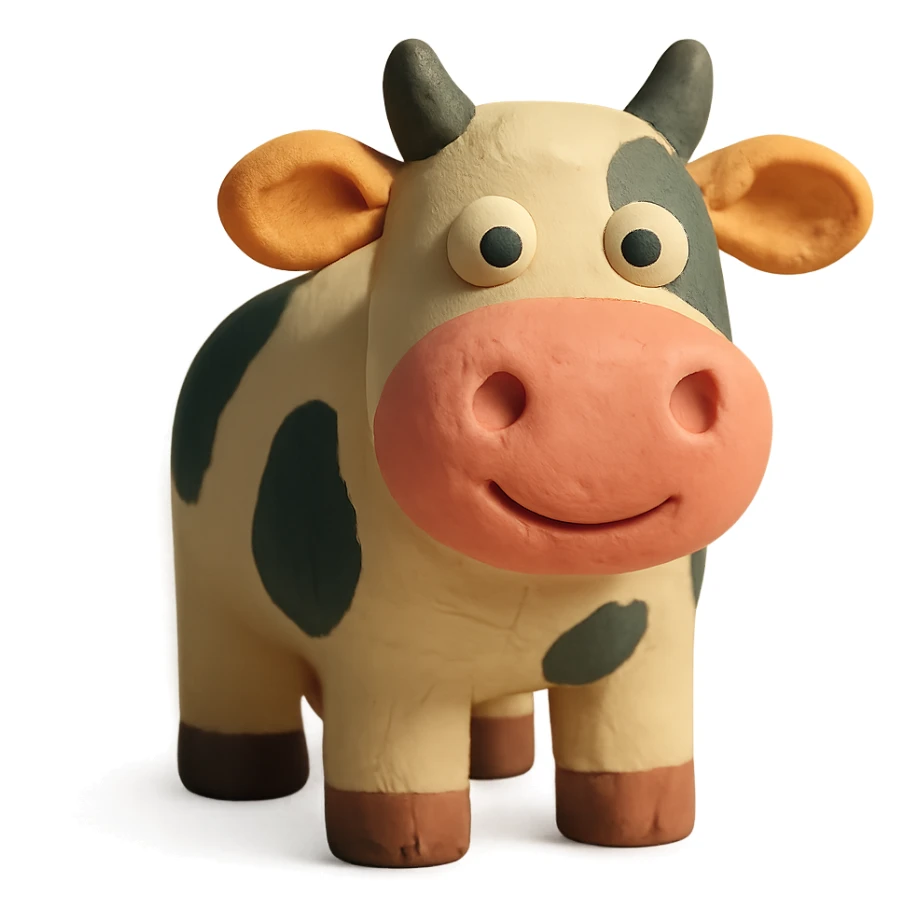 claymation style cow with a friendly face and pink nose sticker