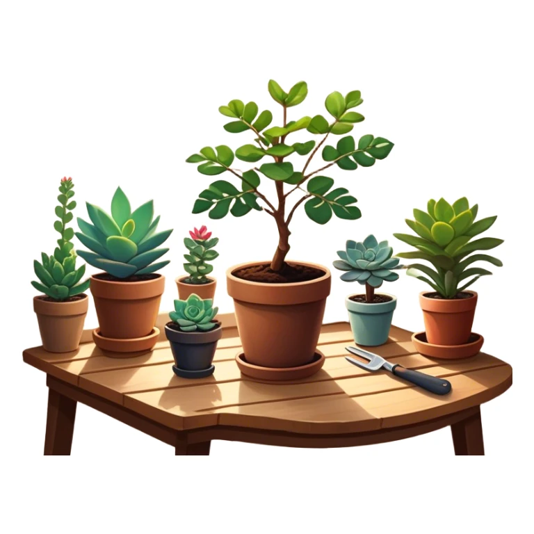 Close-up of a potted sapling in rich soil surrounded by vibrant plants and succulents. Bright sunlight filters through the window, casting soft shadows. Nearby gardening tools rest on a wooden table. Cozy indoor atmosphere with greenery and flowers. sticker