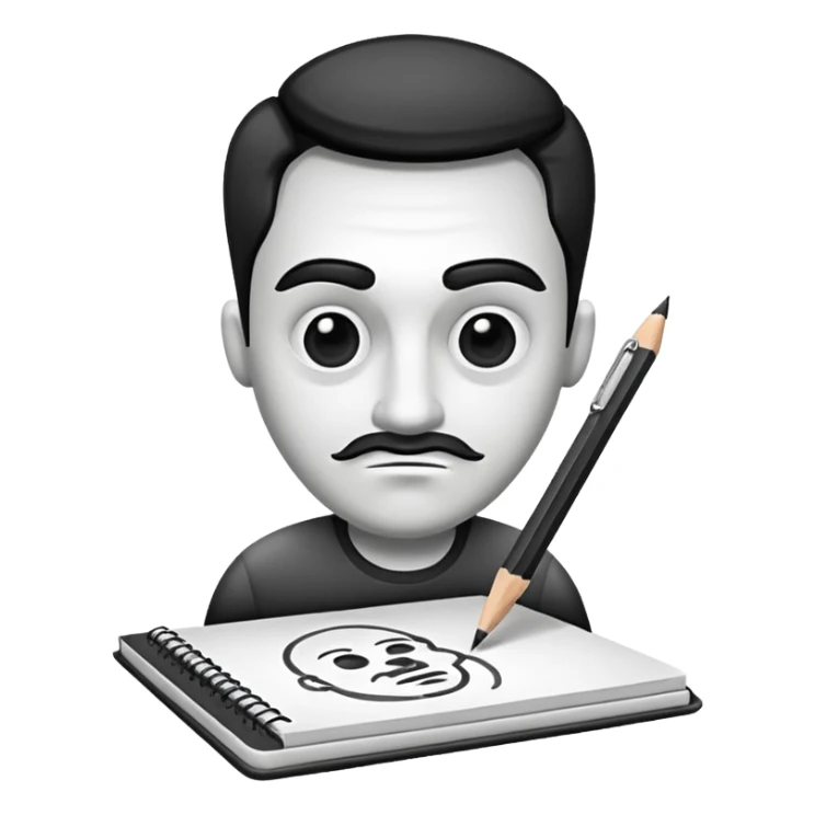 Create an icon representing the process of creating a black-and-white caricature. Include a pencil, a sketchpad with a humorous, exaggerated figure, and inking tools. Use bold lines and shading, with a transparent background. sticker