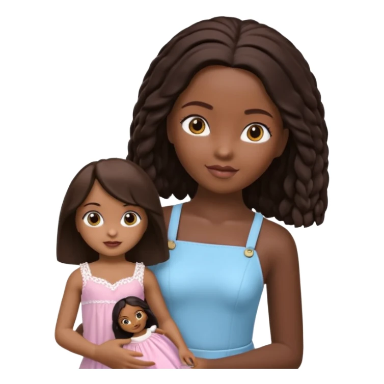 Boneca digital em estilo 3D realista e fofo, semelhante a uma boneca colecionável. Mulher jovem com pele negra, olhos castanhos escuros, cabelo liso cor chocolate, longo e bem alinhado.  sticker