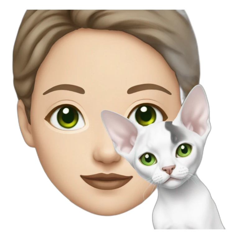 White brunette woman with green eyes holding slim white devon rex with light blue eyes sticker