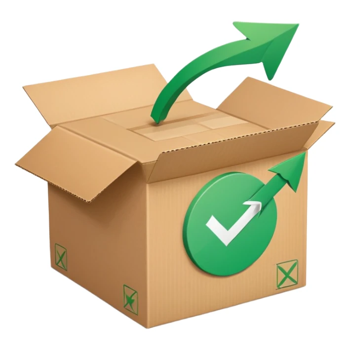 closed package box with a green checkmark and a circular arrow overlay in the upper right sticker