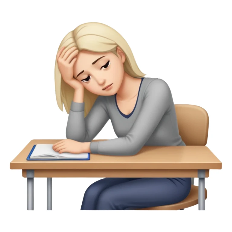 Tired woman leaning head on one hand, elbow on desk sticker