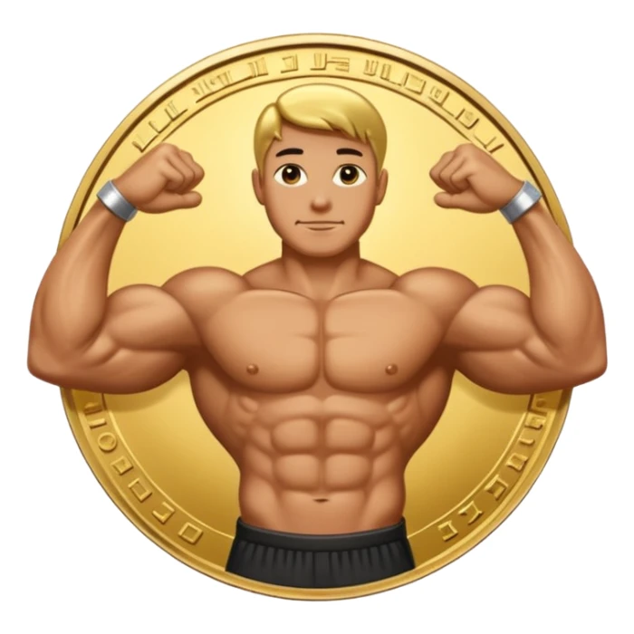 A bent arm showing a big biceps in a gold coin sticker