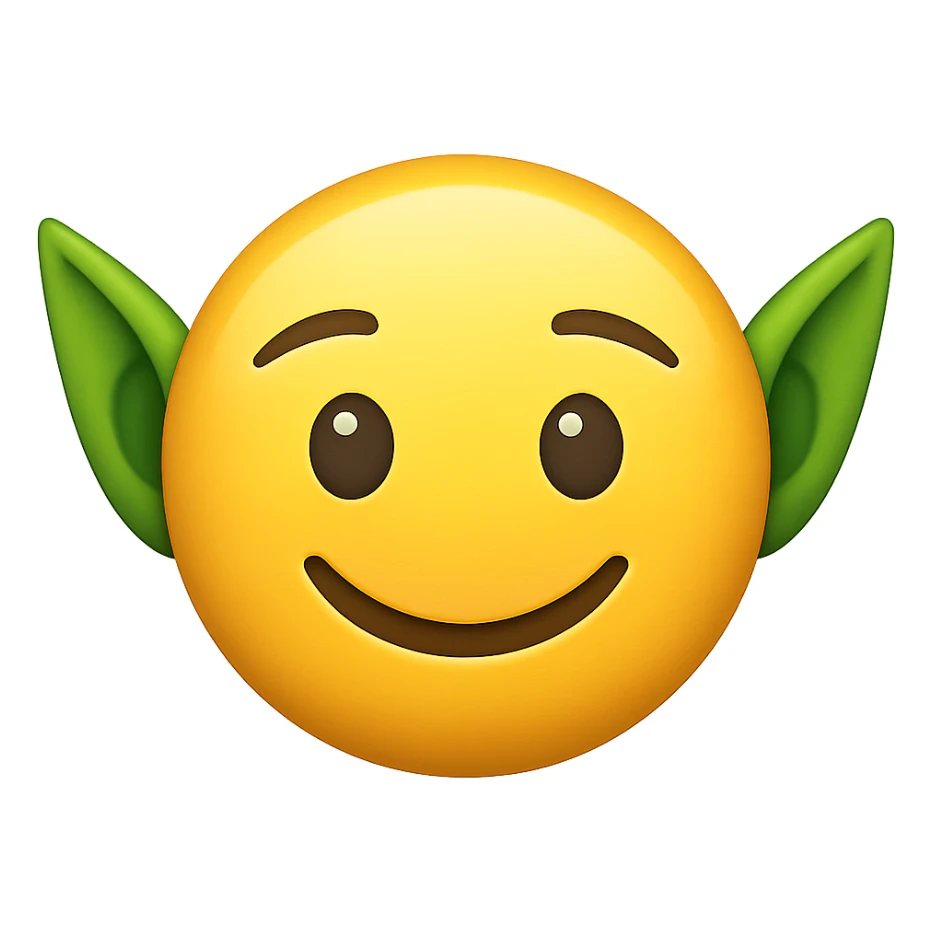 yellow face with green goblin ears, digital illustration, emoji style sticker