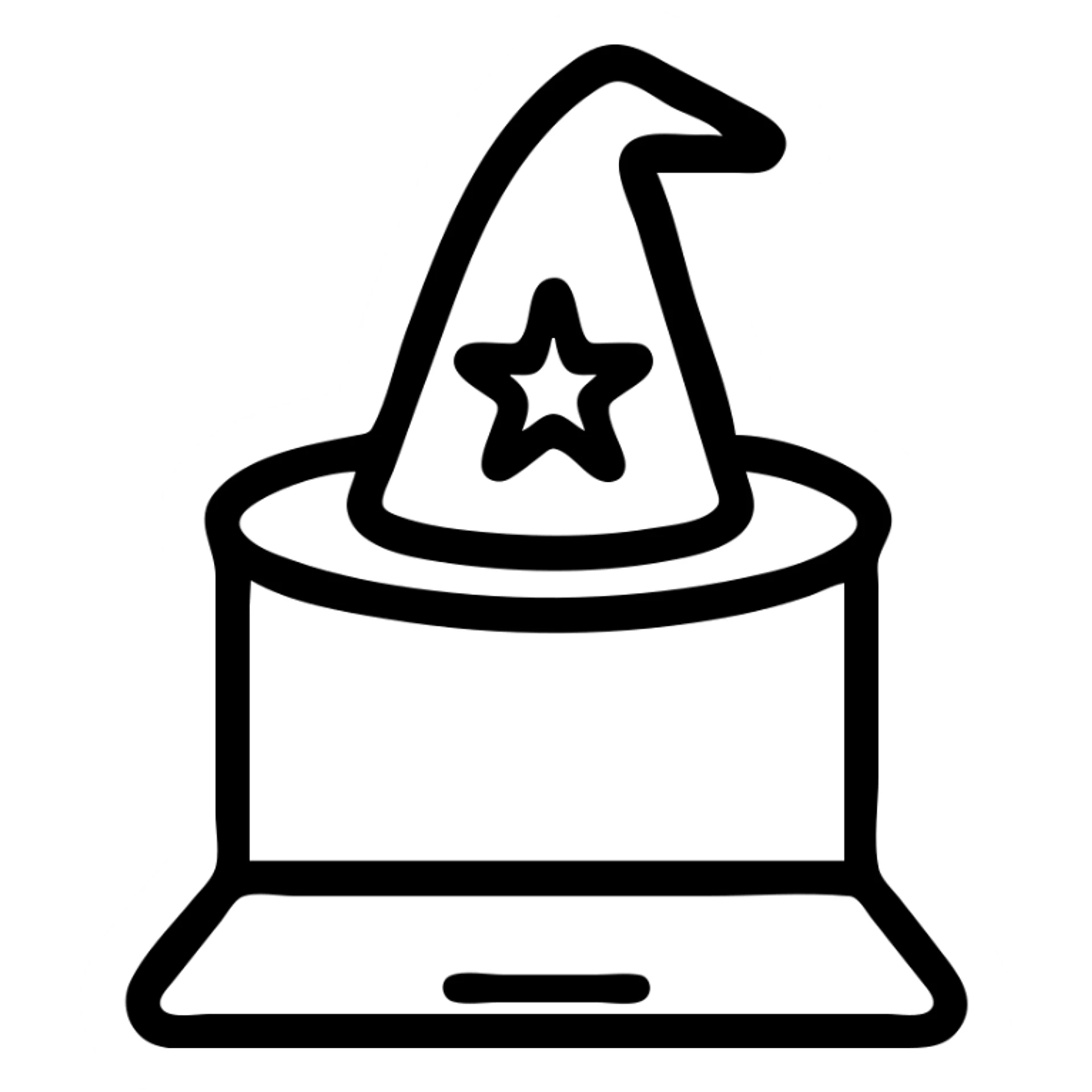 minimalistic logo of a wizard hat above a simple laptop, clean lines, monochrome, modern tech feel sticker