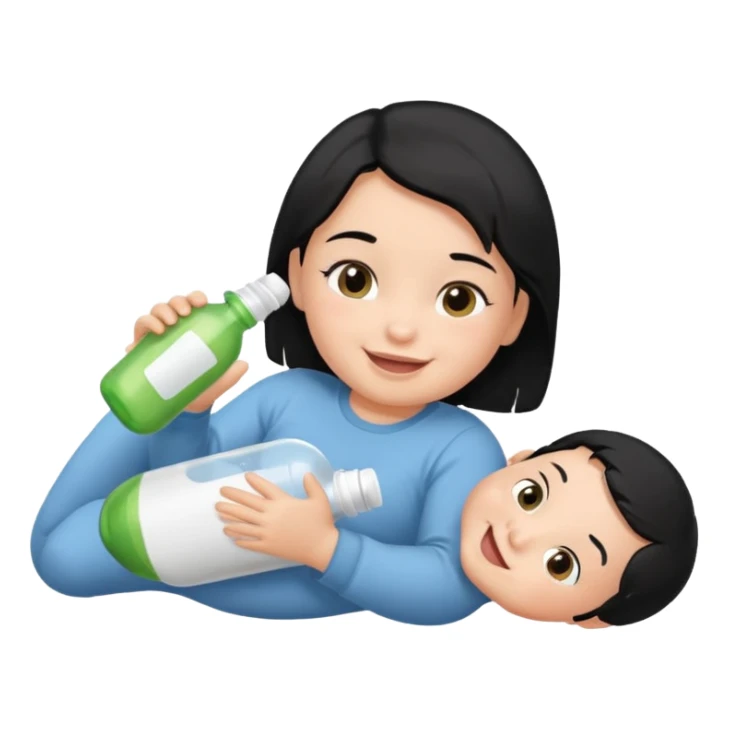 A baby with black hair holding a bottle while laying down sticker