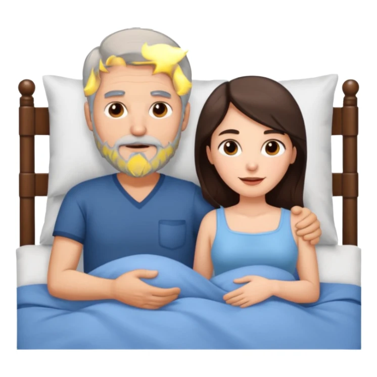 Grey haired man with beard, and brunette woman in bed  sticker