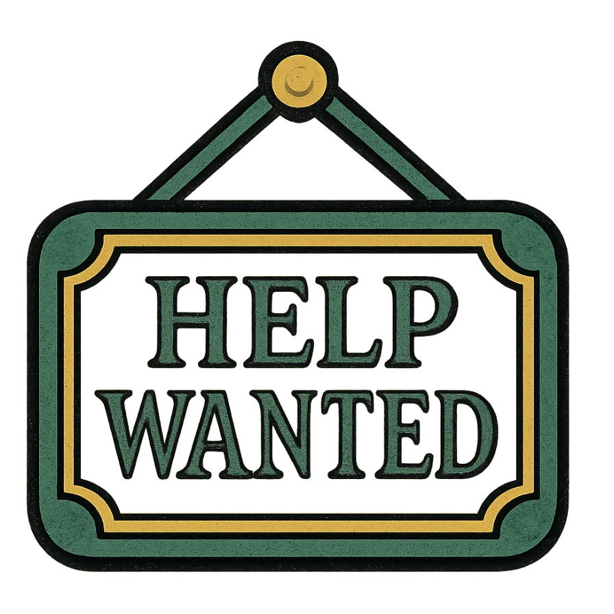 help wanted sign in green, white, and gold color scheme, classic hanging sign, elegant font, decorative border sticker