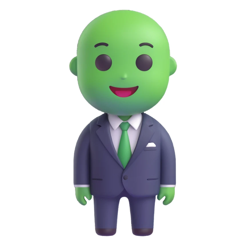green manager emoji, wearing a suit, friendly, leadership appearance, modern style sticker
