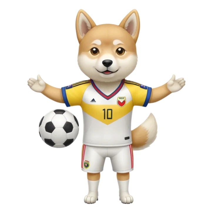 White Shibu Inu wearing a Colombian soccer jersey sticker