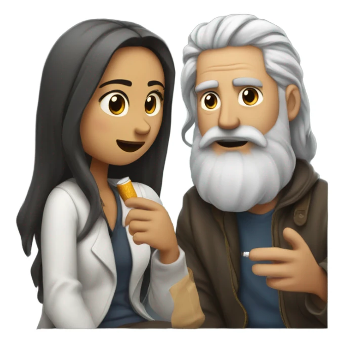 half white half mexican girl with long hair smoking a cigarette with a white guy homeless man with grey long hair and a beard as they chat sticker