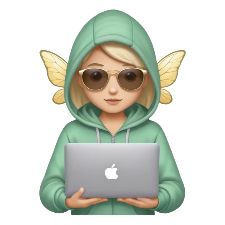 Fairy wearing hoodie and sunglass and holding macbook on a hand sticker