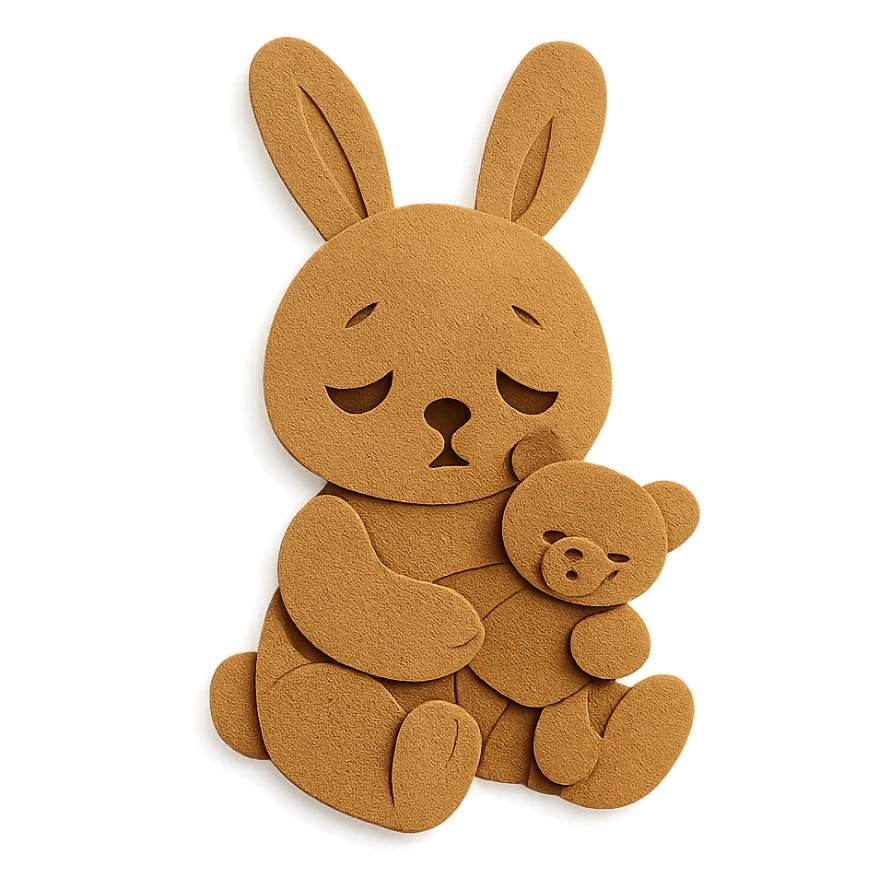 flawless, highly detailed, high quality paper craft style illustration of a caramel-colored bunny holding a teddy bear, eyes drooping, perfect proportions, no imperfections, intricate textures, soft lighting, delicate cut-paper details sticker
