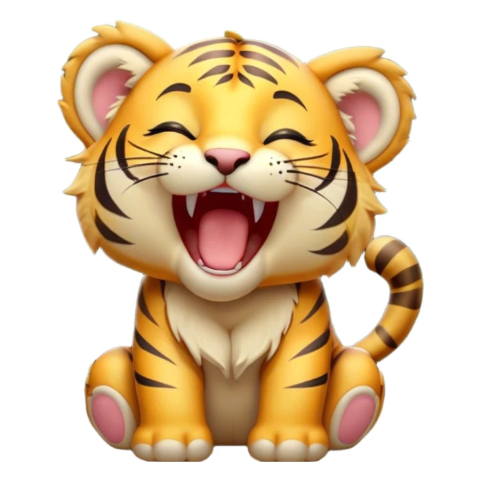 Cinematic Cute Yawning Tiger Cub Portrait Emoji, Head tilted slightly with a dramatic, wide-open yawn, showcasing a small, plush body with drowsy, half-closed eyes and an open, relaxed expression, Simplified yet irresistibly adorable features, highly detailed, glowing with a soft, cozy wild glow, high shine, relaxed yet expressive, stylized with a dash of whimsical jungle charm, soft glowing outline, capturing the essence of a drowsy yet affectionate tiger cub that appears ready to stretch out for a nap! sticker