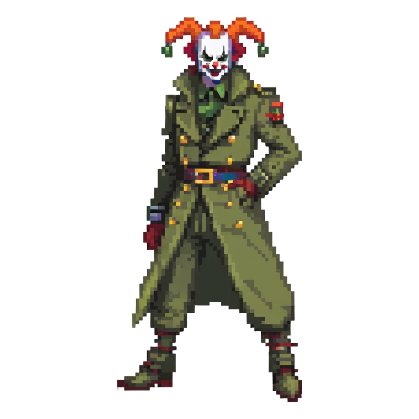 evil clown soldier, bald, small black horns on forehead, fangs, pointed ears, eye patch over one eye, long coat over black and military green clothes with bellbottom pants, tail, realistically proportioned, less bulky, full body, fighting stance sticker