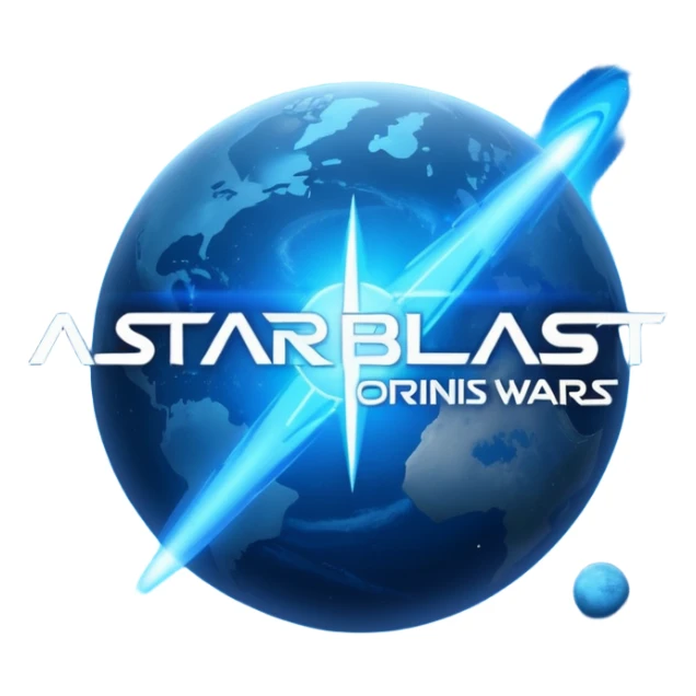 The image is a sci-fi poster with glowing blue text that reads “ALPHA ORIONIS WARS.” A bright blue planet or star glows at the bottom, and the word “STARBLAST” appears below. The design has a futuristic, space-themed look. sticker