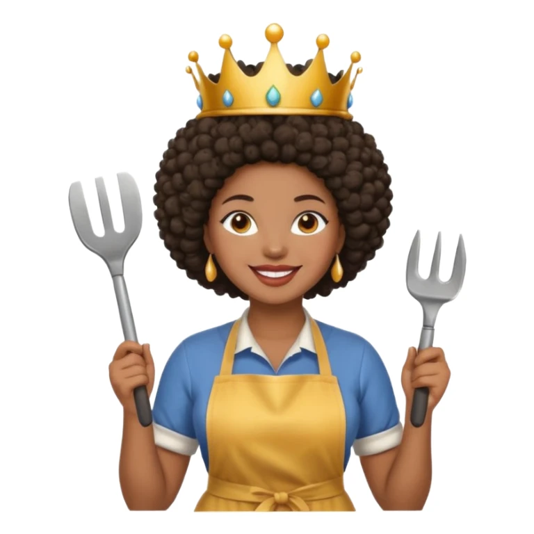 Mujer curvy afro, con vestimenta cómoda y delantal,con una corona sobre su cabeza y sonrisa contagiosa y herramientas  sticker