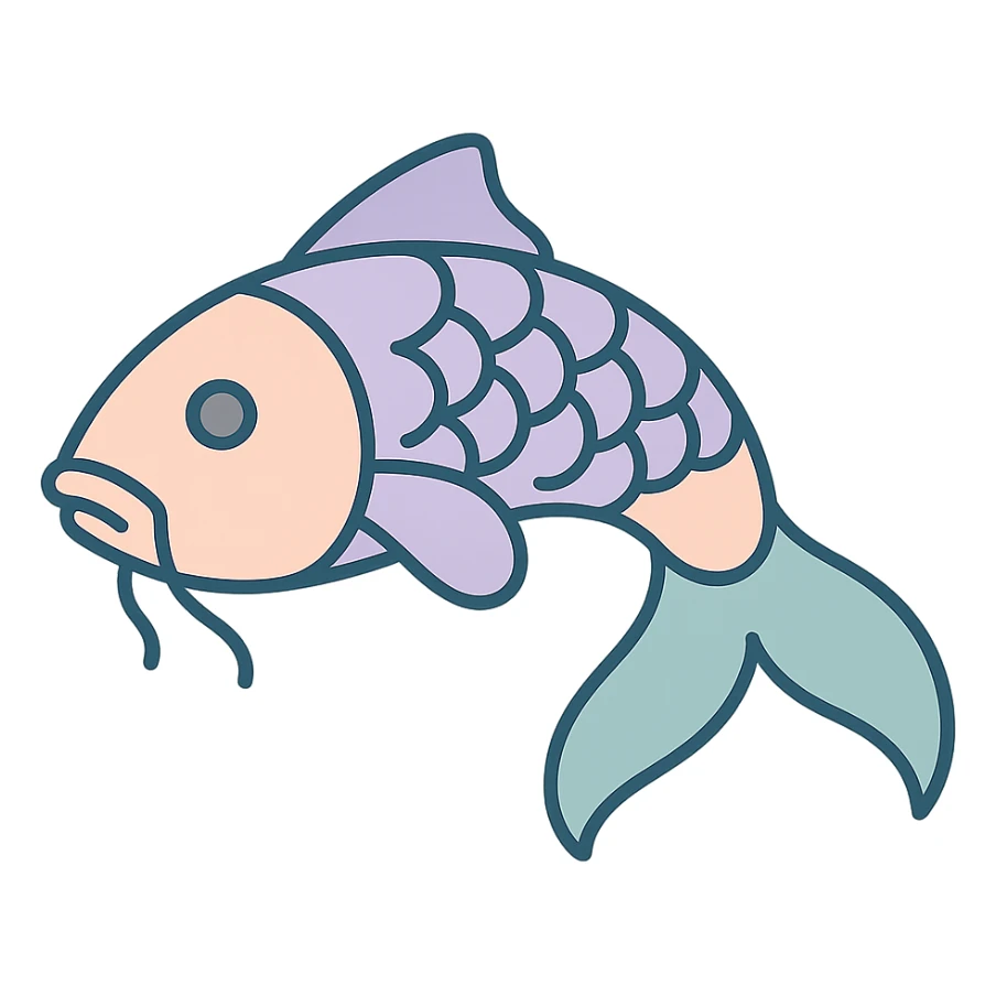 fish in Chinese eastern style, icon-color-outlined, thin clean contours, soft rounded shapes, pastel palette #98B5BC, #B5B3C1, #C9A3C9, #E4C0CA, #F7DCD1, #F7C0AA, detailed shadows and highlights, soft lighting, transparent background, minimalism, not cute, no decoration sticker