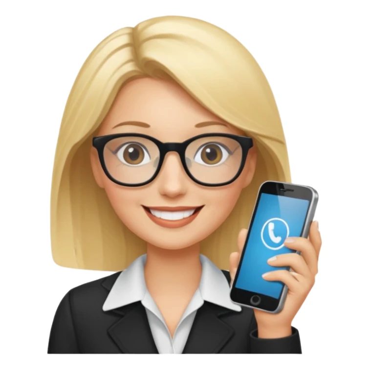 Blonde marketing agent with phone and glasses sticker