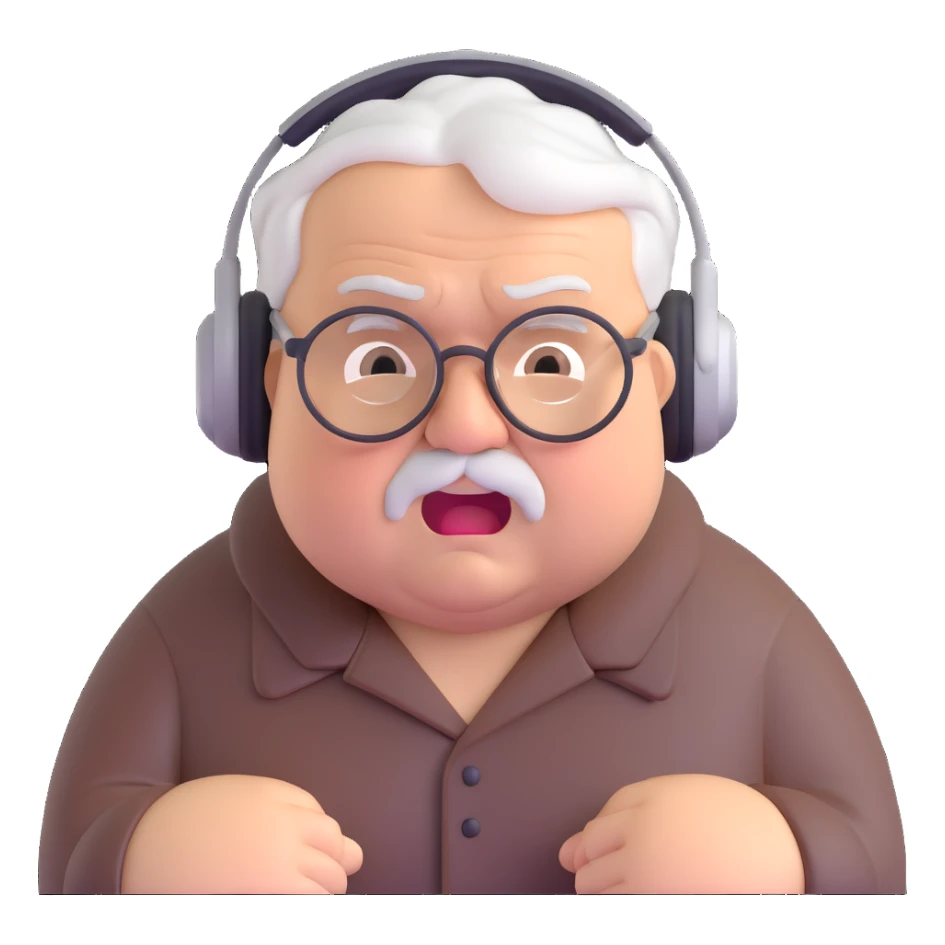 Very chubby brown old man with medium white hair, wearing glasses and headphones, looking surprised and angry, no facial hair, round full cheeks, double chin, looking to the upper left corner sticker