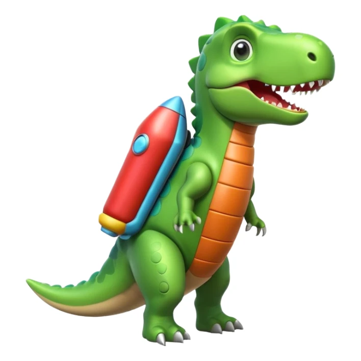 cute toy-like rocket-propelled dinosaur, rounded shapes, glossy texture, colorful rocket backpack, happy expression, 3D cartoon, mobile game icon style, clean background, no text, no watermark
 sticker