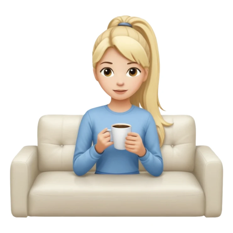 girl with long blonde ponytail relaxing with coffee on white couch sticker