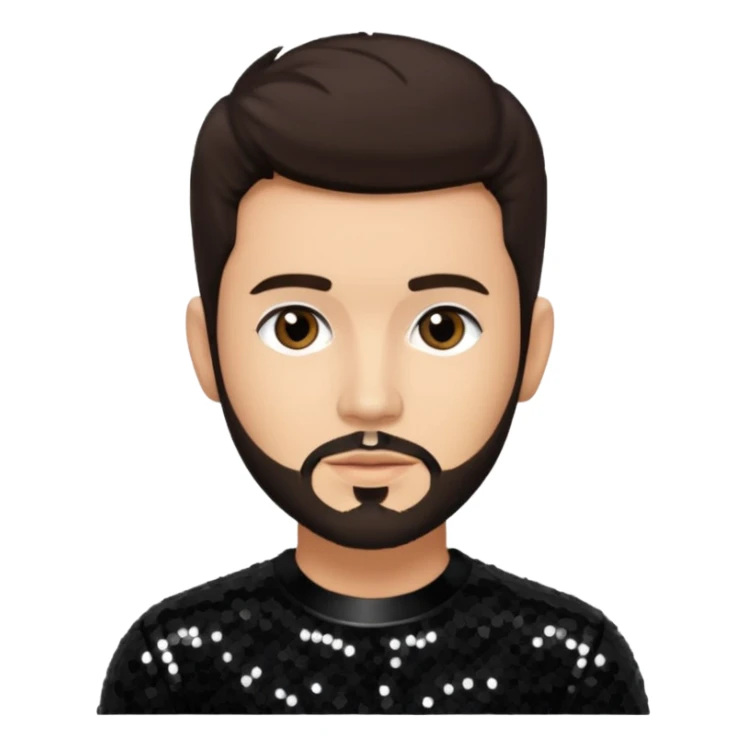 Frankie Zulferino, Pop Singer (b.1990) with dark brown hair and short beard, black sequin outfit, light tan skin sticker