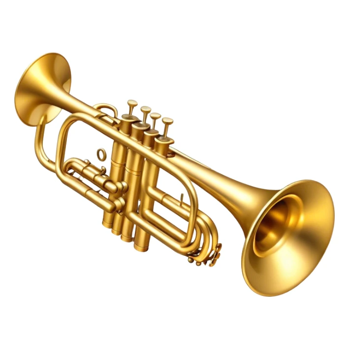 Cinematic Realistic Trumpet, rich golden brass with subtle tarnish marks, soft highlights emphasizing the intricate details, warm reflections of stage lighting bouncing off the metal, glowing with bold and triumphant energy. sticker