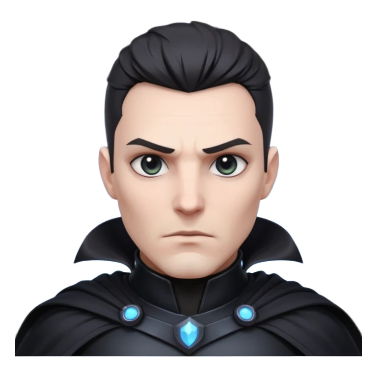 dark sci-fi villain portrait, head and shoulders only, black armor, cape collar, intense eyes, dramatic lighting, 3D cartoon, mobile game icon, clean background, no text
 sticker