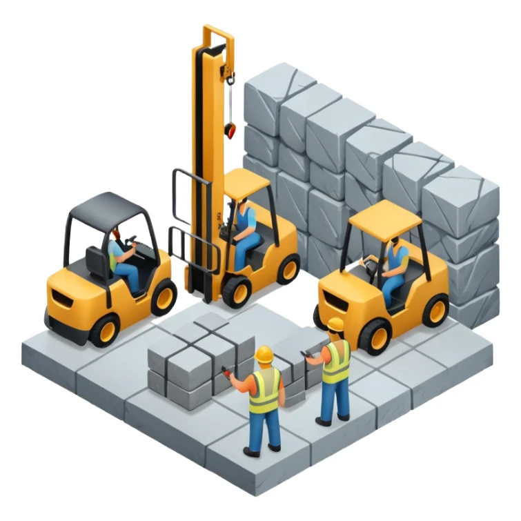 modern factory cutting stone slabs with workers and forklift  isometric view sticker