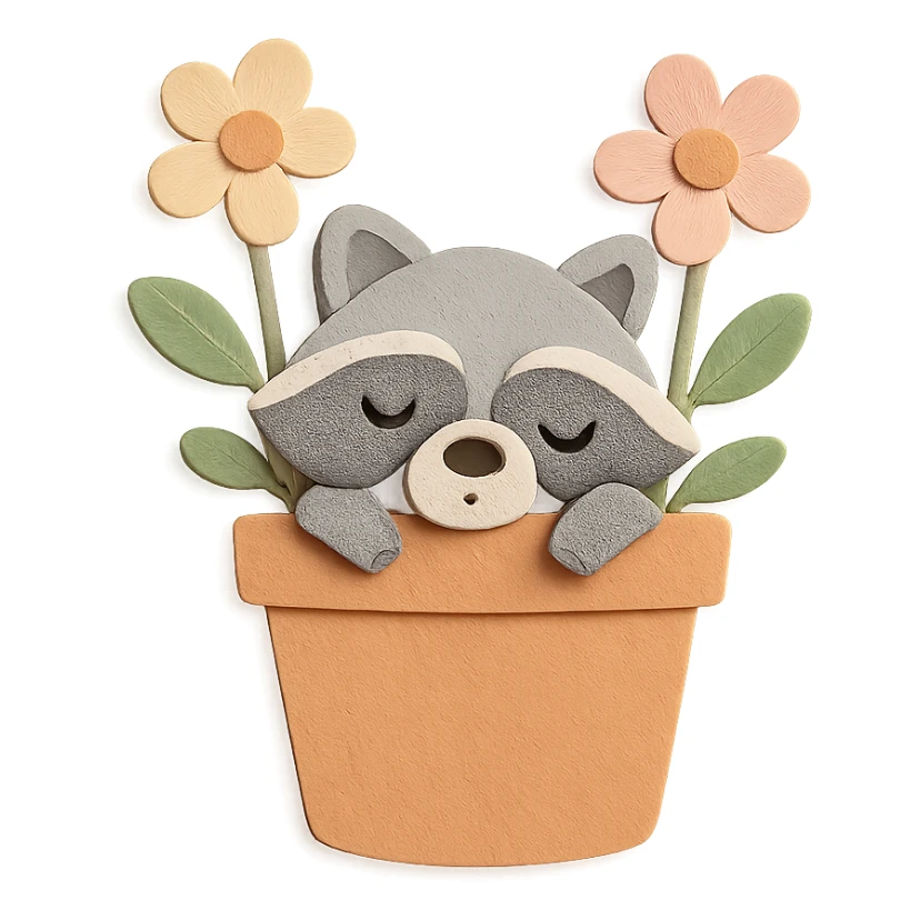 A sleepy raccoon inside a flower pot with some flowers inside the pot, rendered in pastel earthy colors and soft pastel colors, high-quality design, paper-craft style, transparent background sticker