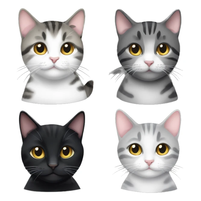 4 cats - 1 small black cat, 1 small black tabby cat, 1 small white and grey tabby cat, and 1 fat black tabby cat sticker