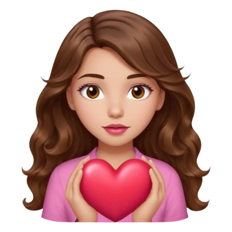 girl with long wavy brown hair, brown eyes, light to medium complexion, in a pink shirt, pink lips, long lashes, squeezing a big heart sticker