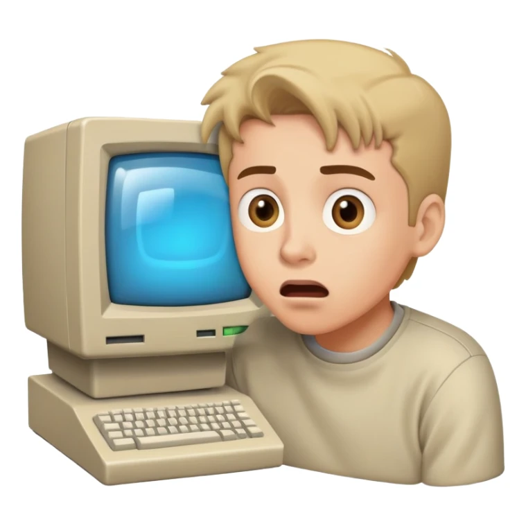 Young man with surprised expression looking at a very old, bulky desktop computer from the 1990s with CRT monitor sticker