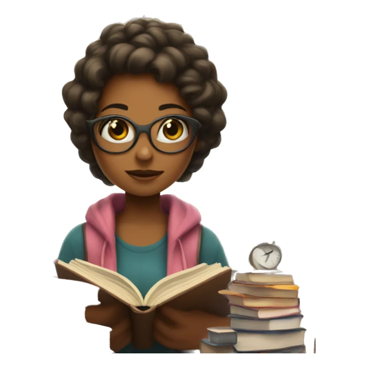 A girl surrounded by books and a to read list and a clock sticker