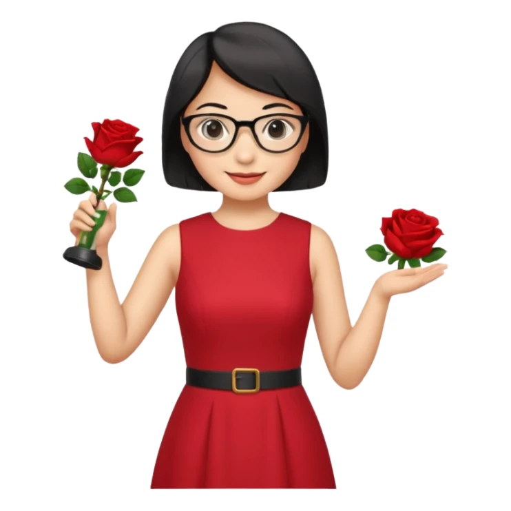 female asian chemistry teacher wearing glasses holdin a flask pointing right with straight short hair to her shoulders wearing a red dress with roses on it and black hair and make the glasses more retangle and make her hold a flash with one hand and with the other point right and make her smile sticker