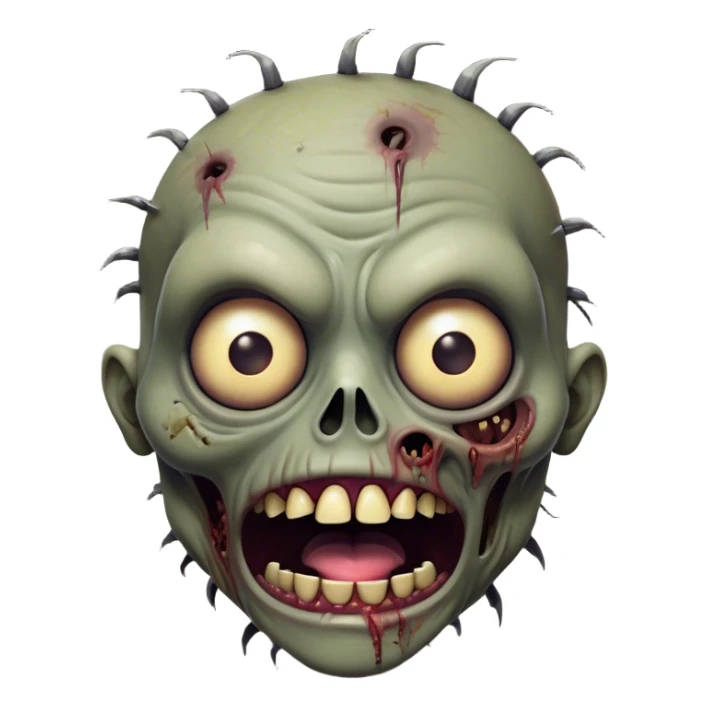 Cinematic Comical Zombie Portrait Emoji, with a grotesquely exaggerated yet playful decaying face in muted ashen tones, head cocked in a dramatically shocked expression with wildly comical, googly eyes and a gaping, silly grin revealing quirky stitches, simplified yet hilariously expressive, highly detailed with a soft eerie glowing outline capturing the absurd humor of a zombie in comic disbelief! sticker