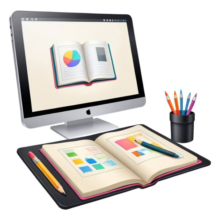 Colourfull Illustration icon, pencil, paintbrush, gel pen, graphic tablet or monitor with digital illustration, open book with sketches, minimalistic style, clean lines, transparent background. sticker