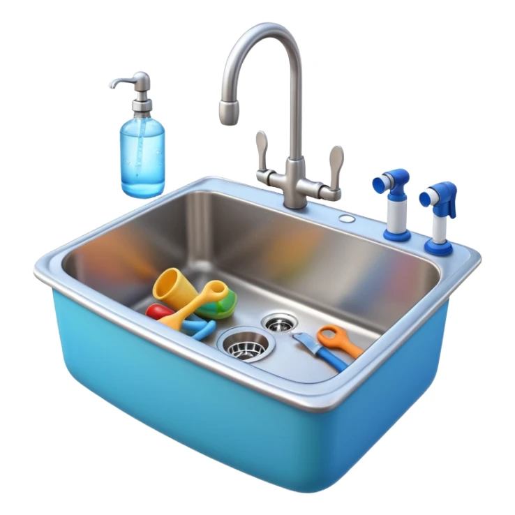 3D Pixar-style kitchen sink with a faucet and water running, some plumbing tools nearby, bright clean look, realistic but colorful, isolated on white

 sticker