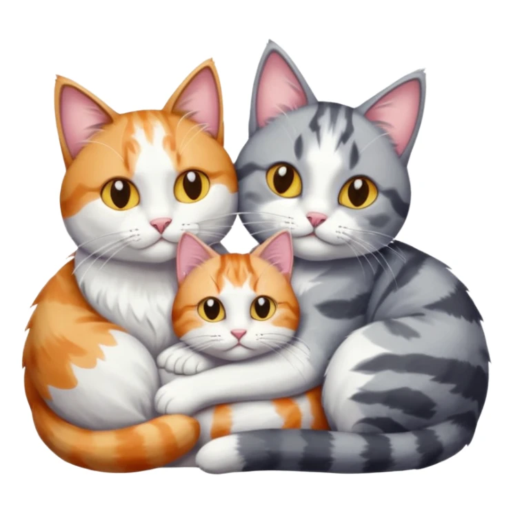 big grey and white cat cuddling a colourful light patched calico + white tabby cat sticker