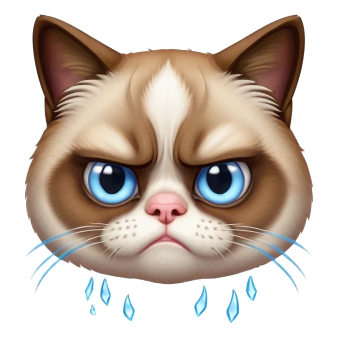 Cinematic Meme-Worthy Grumpy Cat meme Portrait Emoji, Head held high but eyes filled with dramatic disappointment, soft brown fur , white paws planted firmly in defiance, signature grumpy cat frown perfectly etched on its face, icy-blue eyes radiating pure disapproval, Simplified yet hilariously over-exaggerated features, highly detailed, glowing with an aura of supreme annoyance, high shine, exhausted yet judgmental, stylized with an almost regal pettiness, bright but brooding, soft glowing outline, capturing the essence of a feline that has seen it all and is thoroughly unimpressed, so meme-worthy it feels like it could instantly become the next viral sensation of grumpiness! sticker
