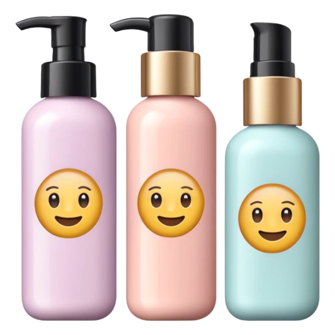 emoji of three different beauty products, with brand labels, minimalistic but luxury design (realistic), pastel colors sticker