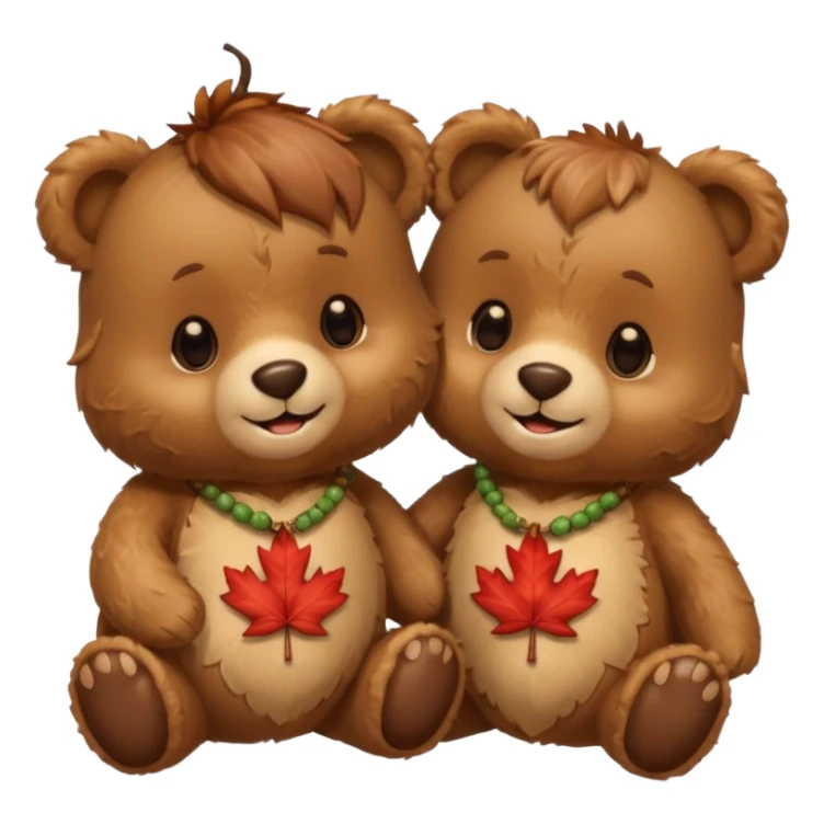 2 fluffy Teddy bears in love. One has an acorn necklace and a maple leaf necklace  sticker