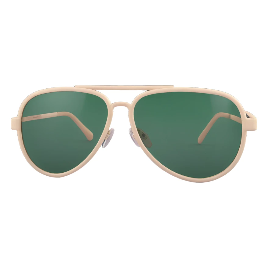 aviator sunglasses with light beige frame and dark green lenses, minimalist style, no text sticker
