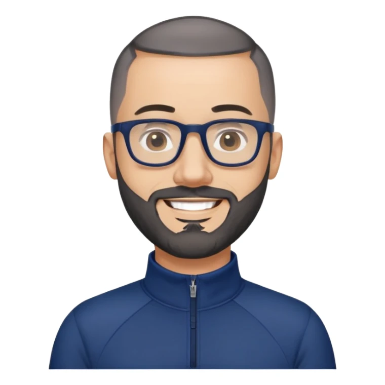 Smiling 40-year-old man with light skin, buzzcut-style very short black hair, gray beard, black glasses, wearing a navy blue athletic zip-neck long sleeve shirt sticker
