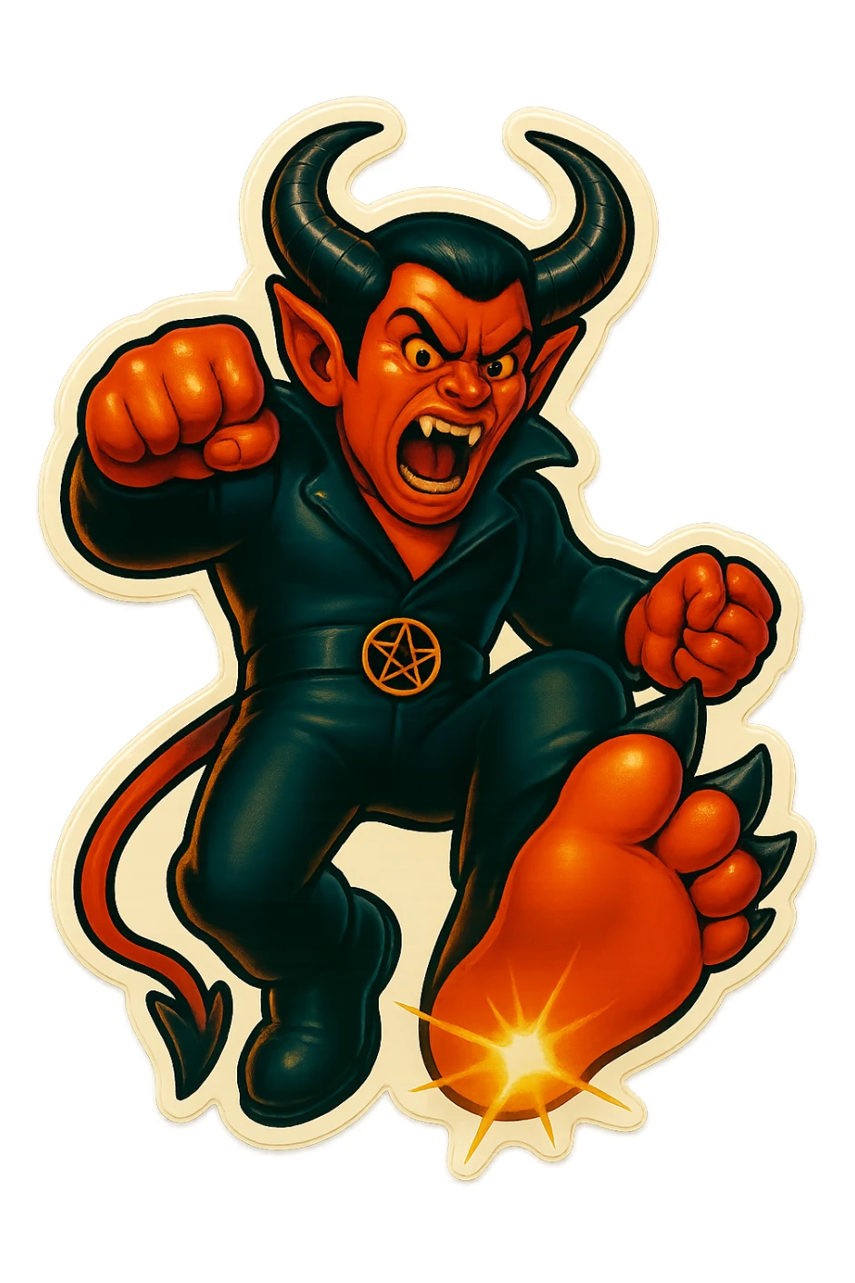 Create an image of the character performing a big, dramatic stomp with one foot raised and coming down, in the same retro sticker style. The background should be transparent and no other characters or elements should be included, just the stomp pose. sticker