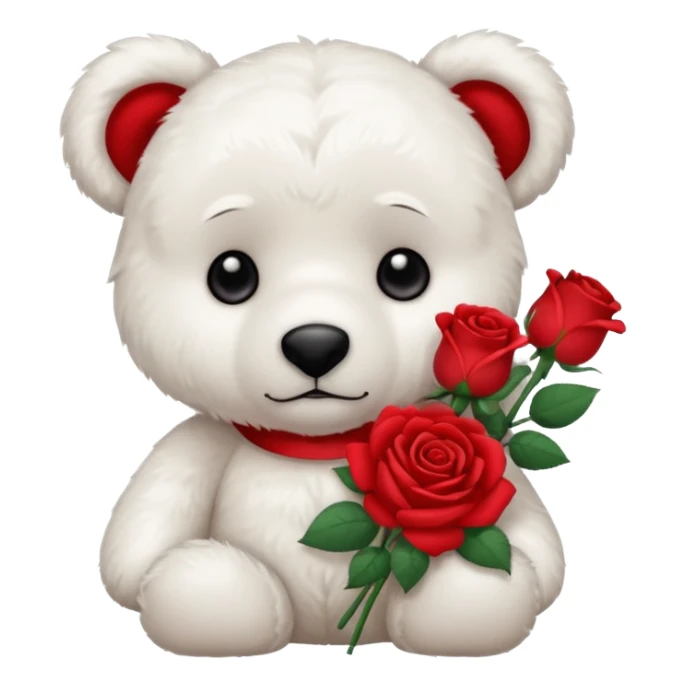 Cute white teddy bear with sad puppy dog eyes holding roses  sticker
