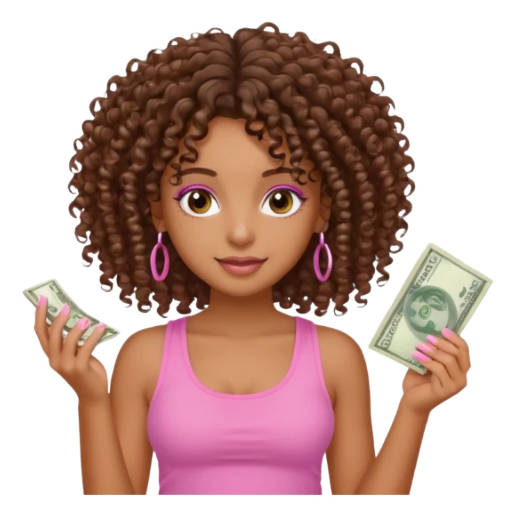 Uma menina com o cabelo cacheado é morena, e com uma regata rosa com unha em gel, é com Baby hair ,e com dinheiro na mão ,𓍢ִ໋🀦⃝🪼〰꩜ sticker